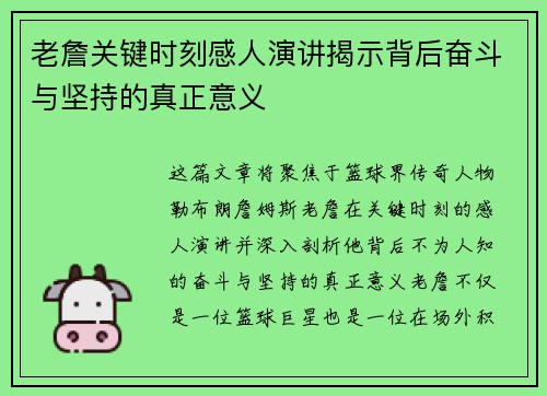 老詹关键时刻感人演讲揭示背后奋斗与坚持的真正意义