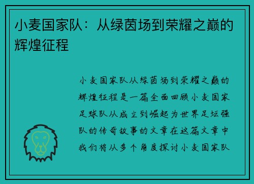 小麦国家队：从绿茵场到荣耀之巅的辉煌征程